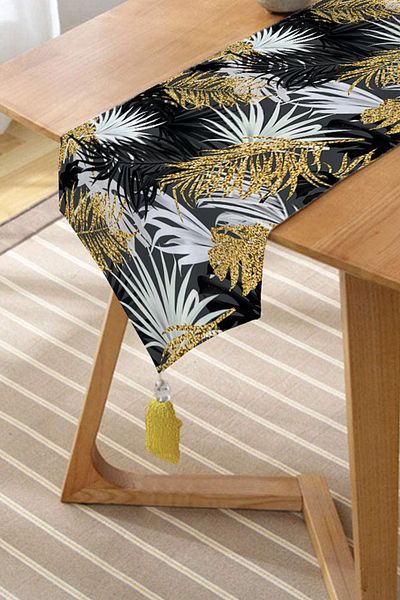 Realhomes Fundal negru Frunze de palmier Design special Chenille Triunghi Runner cu ciucuri