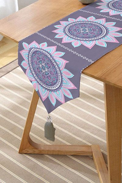 Realhomes Modern Tasseled Chenille Triangle Runner with Mandala Print on Gray Background