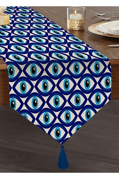 Realhomes Alergăr triunghiular modern cu smocuri din chenille, cu design personalizat, imprimat digital, cu motiv ochi