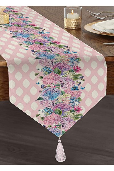 Realhomes Çiçek Desenli Dijital Baskılı Özel Tasarım Püsküllü Şönil Üçgen Runner