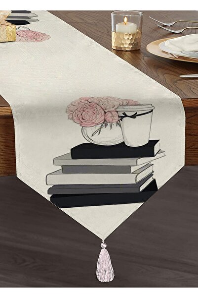 Realhomes Gül Kitap Ve Kahve Tasarımlı Dijital Baskılı Püsküllü Şönil Üçgen R...