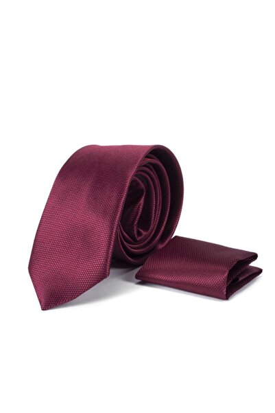 Yage Erkek  Bordo Kendinden Desenli Mendilli Klasik Kravat 7 cm