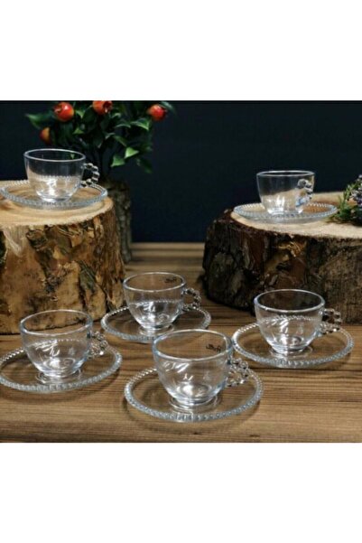 Genel Markalar Girona 6'lı Kulplu Boncuk Detaylı Cam Çay & Nescafe Fincanı