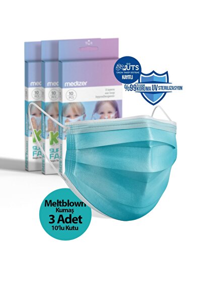 Medizer Mavi 3 Katlı Meltblown Kumaş Ultrasonik Burun Telli Cerrahi Çocuk Mas...