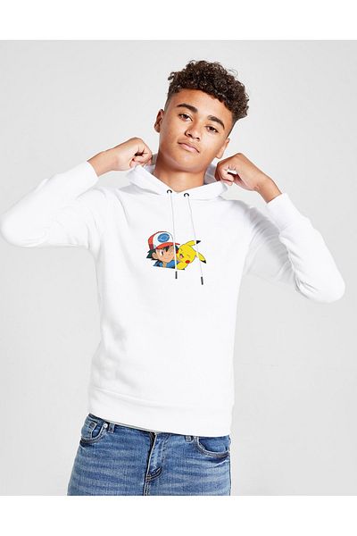 QIVI Hanorac alb cu glugă pentru copii, unisex, cu imprimeu Pokemon Ash și Pikachu Smiling Pikachu