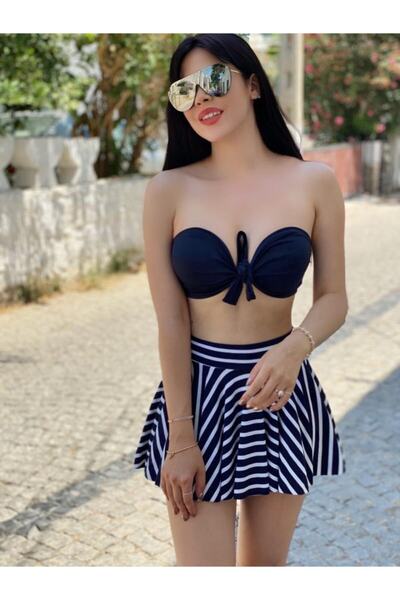 MELEK KOSTAK Women's Navy Blue Top Tie Flared Skirt Set