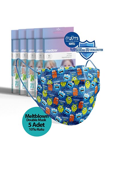 Medizer Sevimli Bakteriler Desenli 3 Katlı Meltblown Cerrahi Çocuk Maskesi 10...