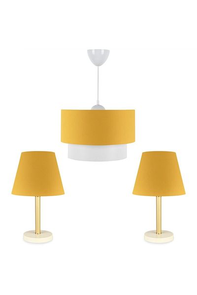 HOMİNG Artgift Bronze Body Triple Chandelier Set Yellow Fabric Aag-1879