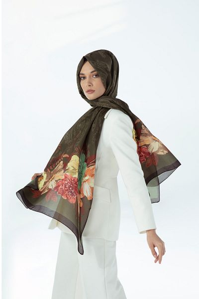 19V69 ITALIA Khaki Green Black Shawl Floral Pattern Pavia Series with Scarf Hanger and Gift Set 90x200 Cm