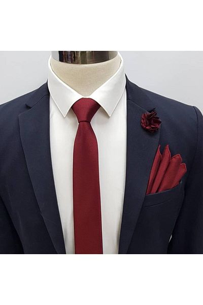 Brianze Men's Burgundy Necktie Handkerchief Collar Flower Set Kmd-4