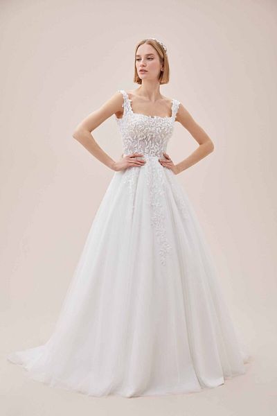 Oleg Cassini Dreamon For Lace Leaf Embroidered Straps Square Neck A-Line Wedding Dress