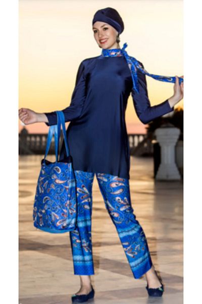 Armes Women's Blue Shawl Patterned Wide Leg Hijab Swimsuit