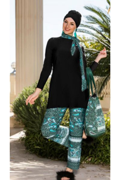Armes Shawl Patterned Wide Leg Hijab Swimsuit / Green