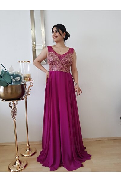 FERGAN Kadın Mor Şifon Abiye Elbise