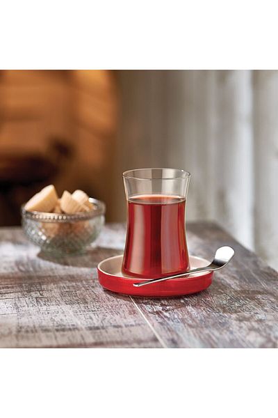 Koleksiyon طقم شاي ترياكي اسطنبول مكون من 6 أطباق حمراء