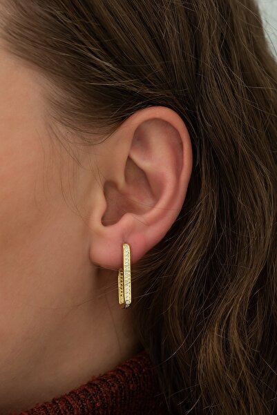 Nereze Kadın 925 Ayar Gold Dikdörtgen Küpe Kadın Gümüş Küpe