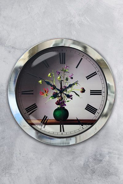 Kasva Concept Gift 36 cm Chrome Metal Flower Wall Clock