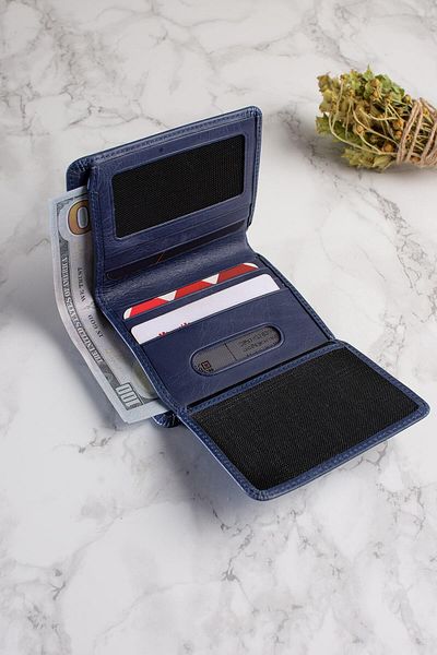 DK LEATHER Ανδρικό κλασικό πορτοφόλι από γνήσιο δέρμα Navy Blue Frankfurt με λειτουργική θήκη για κάρτες