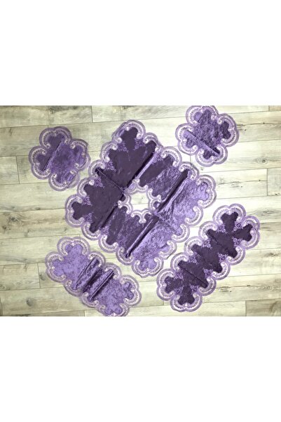 bursa çeyiz Mürdüm Azra Kadife Fransız Dantelli 5 Parça Salon Takımı