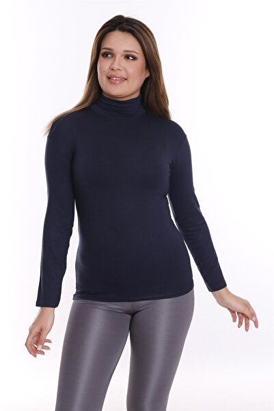 DISENTIS MODEST Navy Blue Viscose Turtleneck Body - Plus Size Full Fisherman