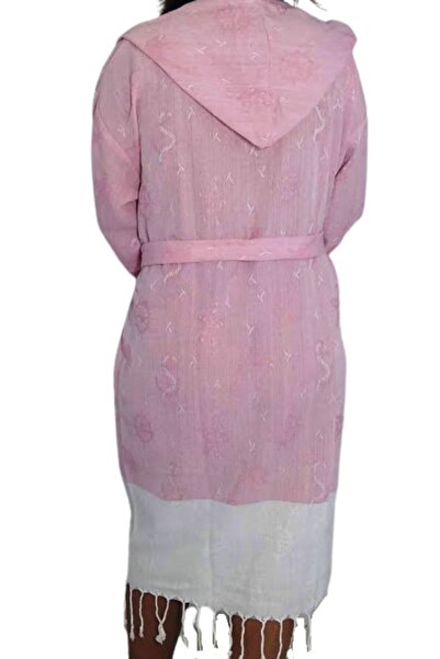 acartekstil Cotton Jacquard Peshtemal Hooded Bathrobe Pink S