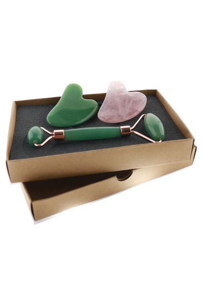 İLTERUS Avetnruin Face Roller, Aventurine Heart Gua Sho and Pink Quartz Heart Gua Sho Massage Stone Set