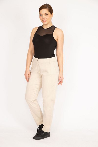 Şans Women's Stone Large Size Gabardine Fabric Side Pocket Trousers 65n35986