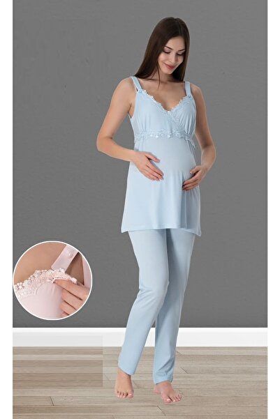 by İGP Effortt Mavi Kadın Hamile Lohusa Sabahlıklı Gecelik ve Pijama Set Takım 9036