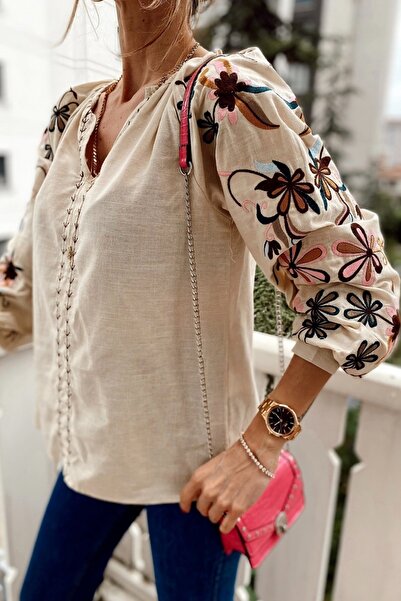 FEMELLE Női bézs ballon ujjú hímző blúz