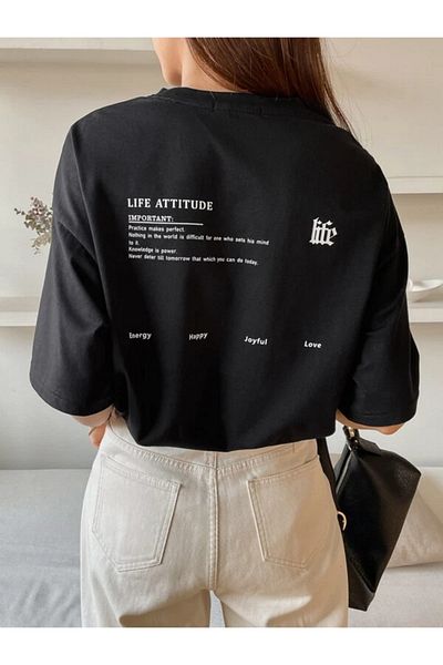 trendgar Life Printed Μαύρο μπλουζάκι Oversize