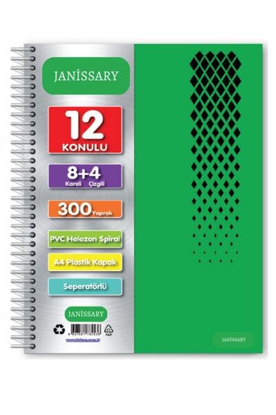 Janissary 8 4 Bölümlü 300 Yaprak A4 Sipralli Ayraçlı Defter 8 Kareli 4 Çizgil...