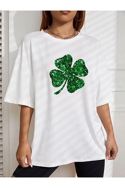 trendgar Μπλουζάκι με στάμπα Clover White Oversize