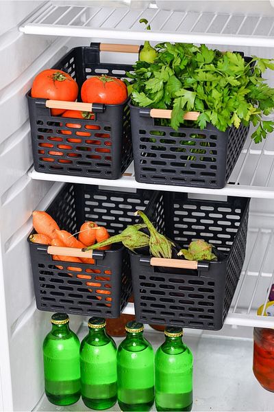 Queens Naz Home 4 Pieces Refrigerator Basket Cabinet Organizer Basket Plastic Organizer Bathroom Kitchen Organizer Black