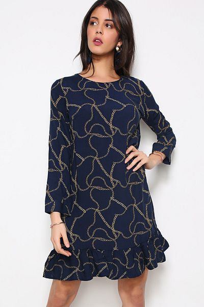 AVORWE Rochie cu mânecă lungă, cu decolteu O, cu modele de lanț cu volane