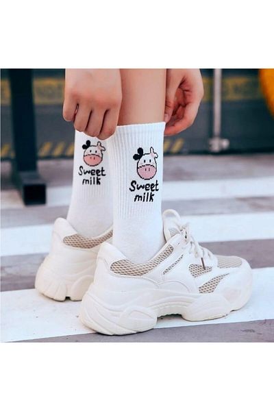 Nixora Συσκευασία με 2 λευκές κάλτσες τένις Unisex με σχέδιο αγελάδας