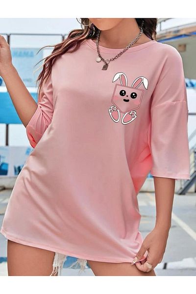 SELENA BUTİK Μοναδικό μπλουζάκι με ροζ στάμπα Oversize