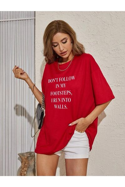 SELENA BUTİK Unique Oversize Red Printed T-shirt
