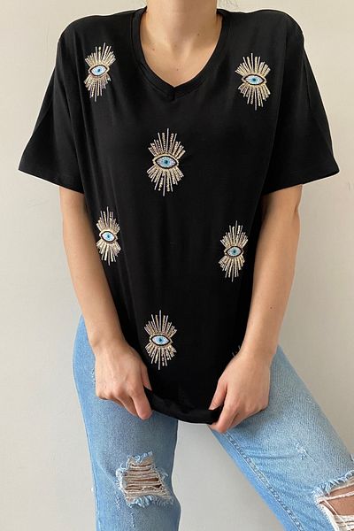 FEMELLE Tricou de damă, negru, cu decolteu în V, cu model de ochi, cu paiete, brodat, 100% bumbac