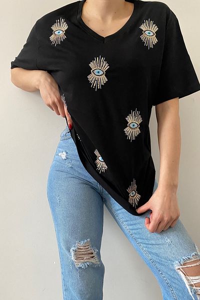 FEMELLE Tricou de damă, negru, cu decolteu în V, cu model de ochi, cu paiete, brodat, 100% bumbac