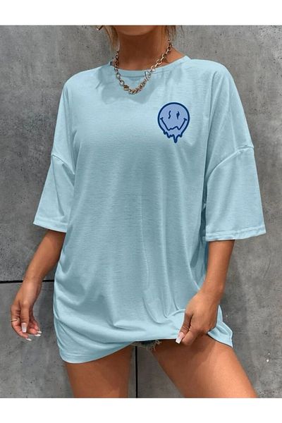 SELENA BUTİK Μοναδικό μπλουζάκι με στάμπα μπλε Emoji Oversize