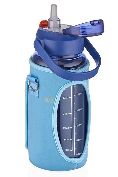 Vagonlife 1500ml Motivational Water Bottle with Blue Straw and Case and Strap Plastic Sticker - Transparent