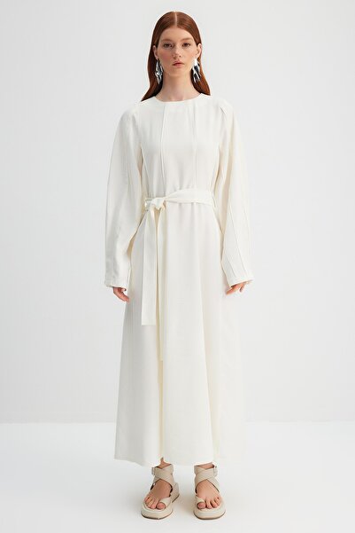 Trendyol Modest X Kevser Sarıoglu Ecru Belted Piping Detailed Woven Dress TCLSS23EB00001