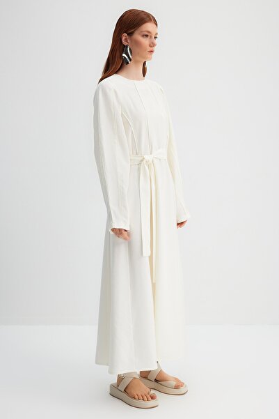 Trendyol Modest X Kevser Sarıoglu Ecru Belted Piping Detailed Woven Dress TCLSS23EB00001