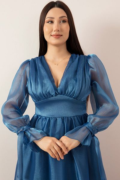 PULLIMM V-Neck Sleeve Detailed Janjan Chiffon Long Dress 13377
