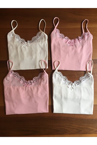 LEYNA BUTİK Women's (EKRU-PINK) Pack of 4 Cotton Rope Strap Undershirt