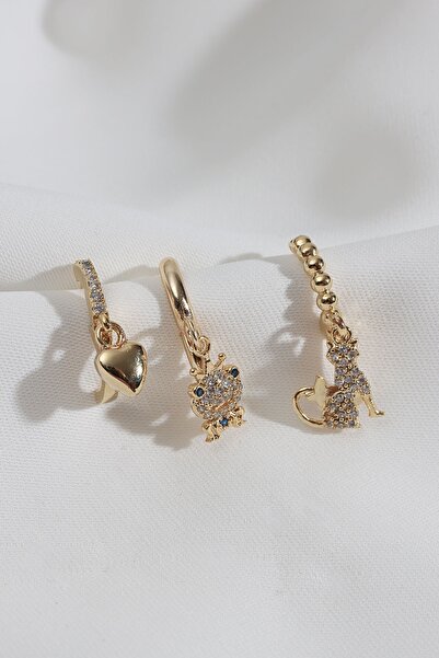 Süspüs Accessories 3'lü Kurbağa Figürlü Gold Küpe