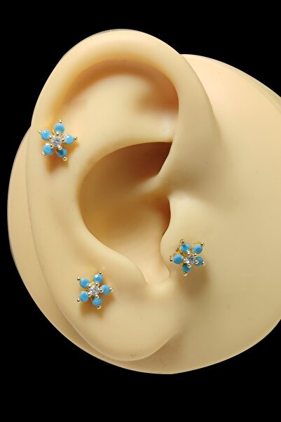 Salyangoz Company Cerrahi Çelik Gold Renk Mavi Firuze Taşlı Model Tragus,kıkırdak,helix Piercing Firgld02