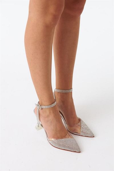 TrendyAnka Transparent Silver Crystal Stone 8 Cm Transparent Goblet Heeled Wedding Engagement Evening Dress Shoes