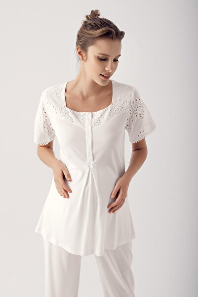 Artış Lace Buttoned Short Sleeve Stretchy Fabric Maternity Pajamas 12305