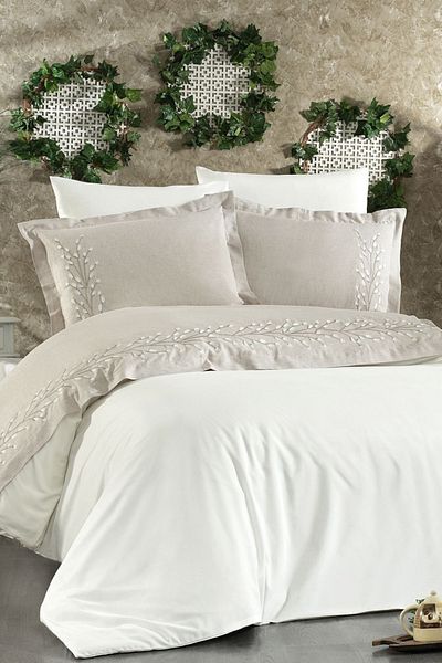 Minelya Home Collection Σετ Παπλωματοθήκη 6 τεμαχίων Βαμβακερό Κεντητό Λινό Lima Διπλό Μπεζ